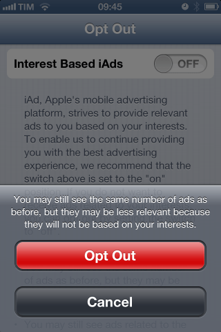 iAds Opt-out screen "iAds Opt-out screen"