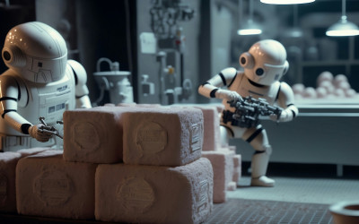 Robots next to rolls of toilet paper